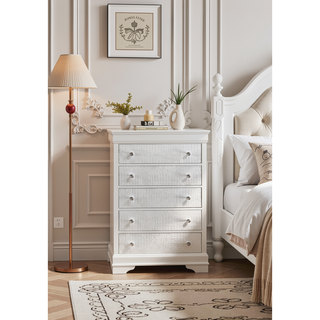 Sunvega Modern Metallic Gray Wood 5-Drawer Chest with Textured Surface and Crystal Knobs