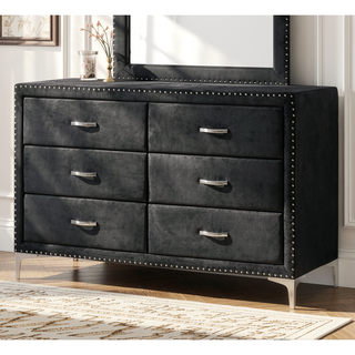 Sunvega Glam Style Black Velvet Upholstered Dresser with Six Drawers and Nailhead Trim