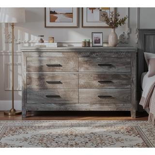 Sunvega Rustic Gray Oak Finish Six-Drawer Dresser with Manual Close Function