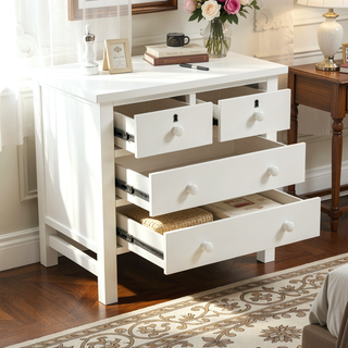 Sunvega Antique White Nightstand with 4 Drawers and Faux Keyhole Accents