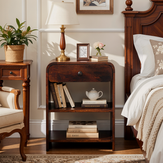 Sunvega Solid Mango Wood Bedside Table with Drawer and Open Shelves