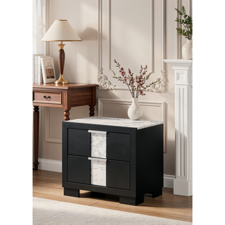 Sunvega Black and White Finish Nightstand with Two Drawers and Metal Knobs