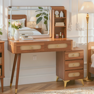 Sunvega Vintage Rattan Makeup Vanity with Mirror Lights and 5 Drawers