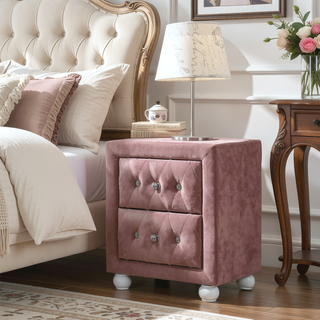 Sunvega Pink Fabric Upholstered Nightstand with Two Storage Drawers and Crystal Knobs