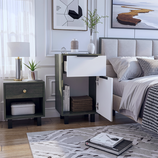 Sunvega Smokey Oak White Nightstand with Drawer and Spacious Cabinet for Bedroom
