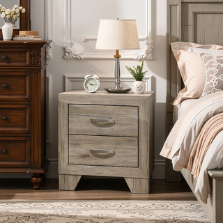 Sunvega Natural Finish Contemporary Nightstand with Two Drawers and Metal Handles