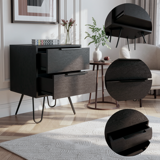 Sunvega Modern Black Wengue Finish Nightstand with Two Drawers and Hairpin Legs