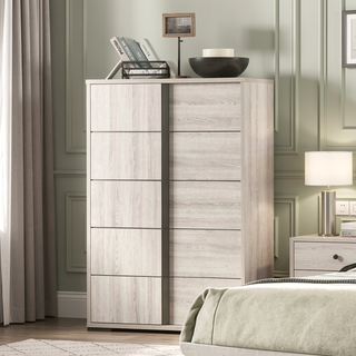 Sunvega Contemporary White Wash Chest with Vertical Chrome Handles and French Dovetail Drawers