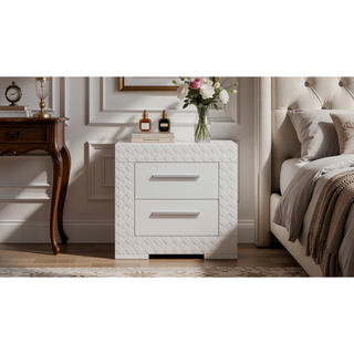 Sunvega Modern White Wood Nightstand with Two Spacious Drawers and Quilted Texture