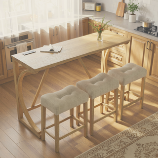 Sunvega 59 Inch Bar Table Set with Power Outlet and 3 Upholstered Stools for Living Room