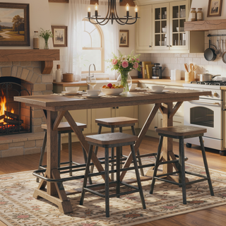 Sunvega Pecan Brown Bar Height Trestle Table with Casual Style for Dining Room