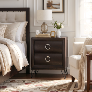 Sunvega Dark Merlot 2-Drawer Nightstand with Hairpin Legs and Felt-Lined Top