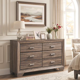 Sunvega Mid-Century Modern Six-Drawer Dresser in Washed Taupe Finish with Exposed Wood Grain