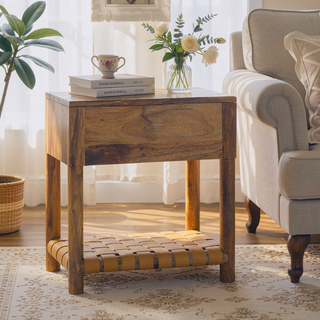 Sunvega Handcrafted Solid Mango Wood Nightstand with Drawer and Woven Shelf