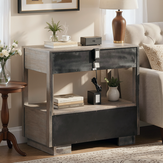 Sunvega Modern Two-Drawer Nightstand with Open Shelf in Warm Taupe Oak