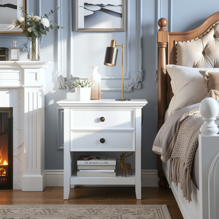 Sunvega White Handcrafted Solid Wood Transitional Bedside Table with Two Spacious Drawers