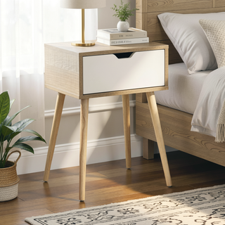 Sunvega Mid-Century Modern Bedside Table with 2 Drawers and Rubber Wood Legs