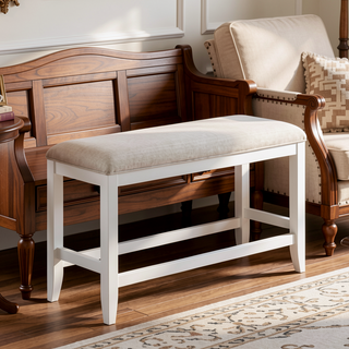Sunvega Transitional White Finish Upholstered Counter-Height Dining Bench with Linen Look Fabric