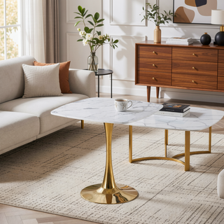 Sunvega Mid-Century Modern Square Dining Table with Black and Golden Tulip Pedestal Base