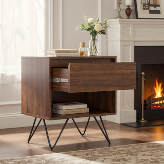 Sunvega Modern Industrial Walnut Veneer Nightstand with Drawer and Open Shelf