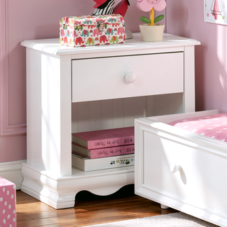 Sunvega Transitional White Solid Wood Nightstand with Drawer and Storage Shelves