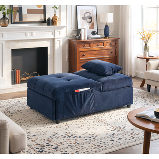 Sunvega Dark Blue Velvet Tufted Solid Wood Lift Top Storage Bench with Pull-out Ottoman
