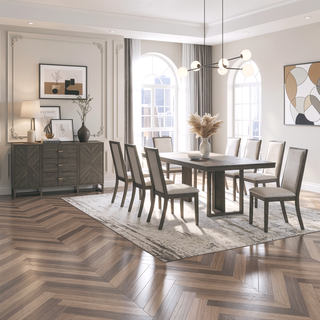 Sunvega Sleek Dark Grey Rectangular Dining Table with Chevron Pattern and Trestle Base