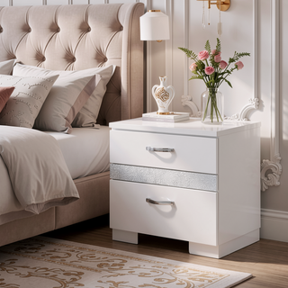 Sunvega White High Gloss Nightstand with 3 Drawers and Felt Lining