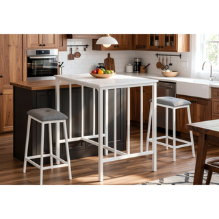 Sunvega Contemporary 3-Piece Bistro Set with White Laminate Table and Grey Cushioned Stools
