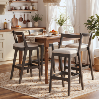 Sunvega Dark Brown Rubberwood Barstool with Beige Upholstery and Thick Cushioned Seat Set of 2