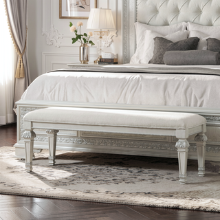 Sunvega Creamy White Traditional Bench with Diamond Button Tufting and Silver Finish