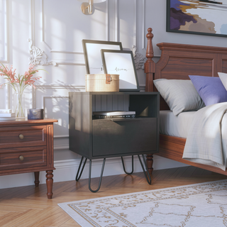 Sunvega Compact Nightstand with Hairpin Legs Single Drawer and Open Shelf Storage