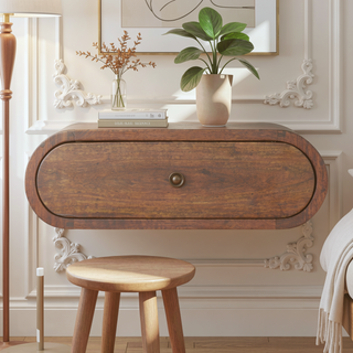 Sunvega Wall-Mounted Round Chestnut Bedside Table with 1 Drawer for Home