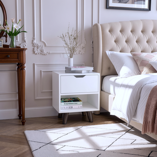 Sunvega Modern Nightstand with Open Shelf and Drawer on Wooden Legs