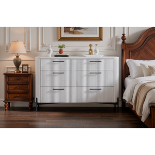 Sunvega White 6 Drawer Dresser with Reeded Fronts and Metal Accent Base