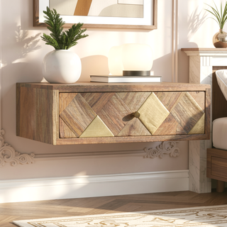 Sunvega Solid Mango Wood Wall-Mounted Nightstand with Brass Inlay Drawer and Gold Finish