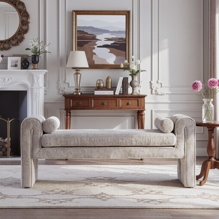 Sunvega Modern Glam Accent Bench with Chenille Upholstery and Bolster Pillows