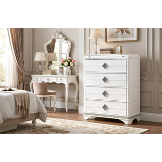 Sunvega Modern White Wood Chest with Crystal Accents and Hidden Jewelry Drawer