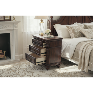 Sunvega Antique Walnut Nightstand with 2 Drawers and Unique Carving Design