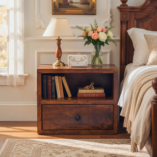 Sunvega Wall Mounted Nightstand with Drawer and Open Slot in Chestnut Brown