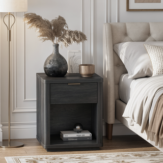 Sunvega Modern Charcoal Gray Nightstand with Drawer and Open Shelf for Bedroom