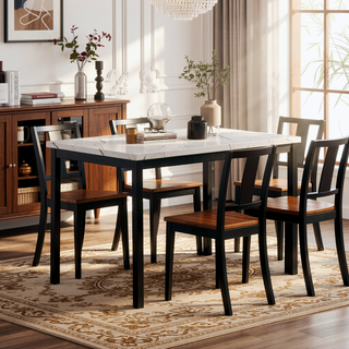 Sunvega Casual Square Metal Dining Table with Faux Marble Top and Black Legs