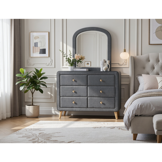 Sunvega Light Gray Fabric Dresser with Six Drawers and Natural Wood Accents