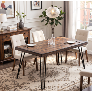 Sunvega Industrial Hairpin Metal Dining Table in Rustic Dark Pine for Living Room