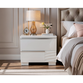 Sunvega Modern White Lacquer Wood Nightstand with 2 Drawers and Gloss Finish