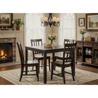 Sunvega Contemporary Dark Wood Finish Square Table with Ladder-back Chairs Dining Set