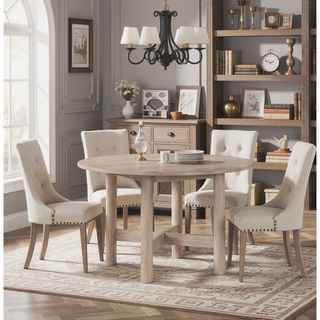 Sunvega Light Brown Round Dining Table with Washed Oak Finish and Adjustable Levelers