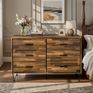Sunvega Walnut 6-Drawer Dresser with Oak Finish and Spacious Storage Drawers