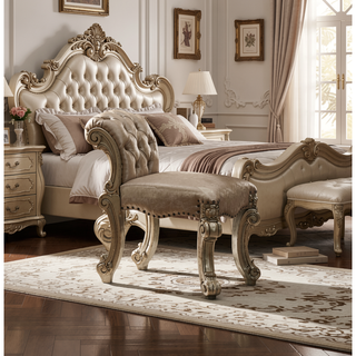 Sunvega Antique Pearl Finish PU Leather Vanity Stool with Button Tufted Back