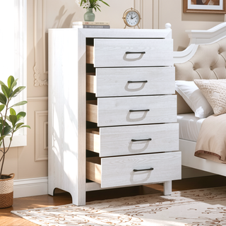 Sunvega White Finish 5 Drawer Chest with Black Nickel Pulls No Assembly Required